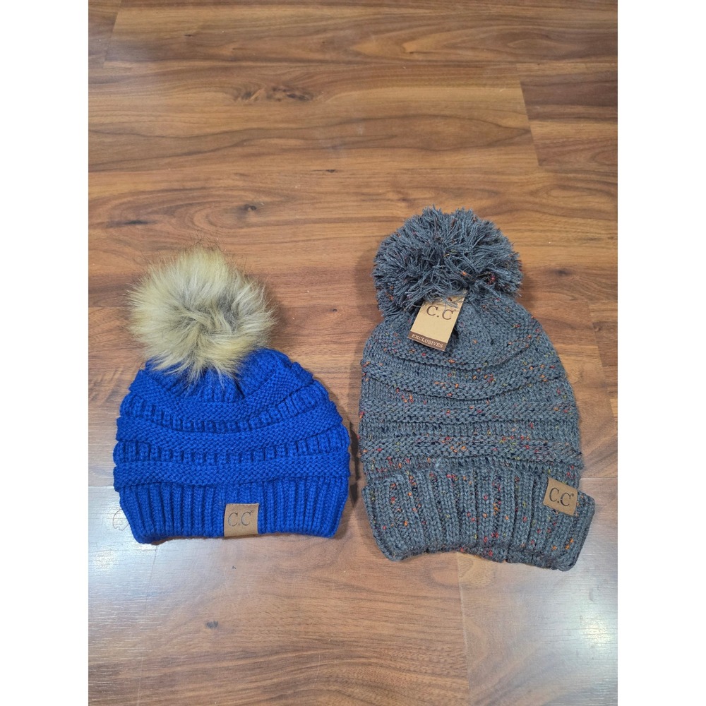 C.C Beanie Hat Women OS Blue Grey NEW Pom Pom Cable Knit Confetti 2 Pack